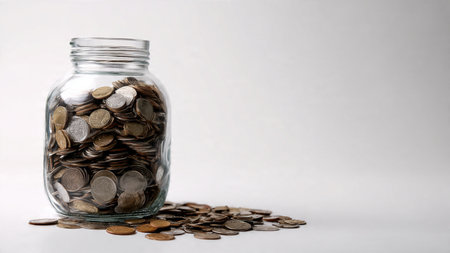 Minimal wealth theme showing a transparent jar and a single row of coins neatly placed.