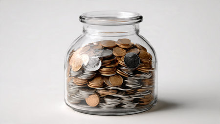 Elegant wealth composition featuring a jar containing a few coins placed at the center of a bright...