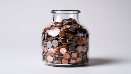 Bright economic symbolism featuring an empty jar and meticulously placed coins on a clean white...