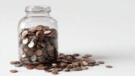 Minimal wealth planning scene with a tipped jar releasing coins in a simple flowing pattern,...