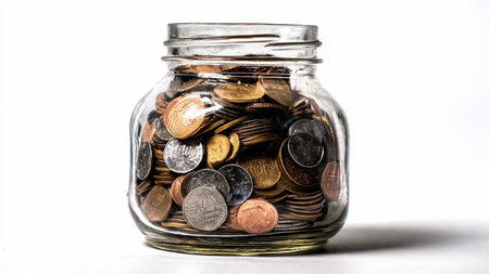 Elegant financial layout featuring stacked coins in front of a clear jar under diffused lighting,...
