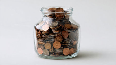 Minimal budgeting scene featuring an upright jar next to a linear arrangement of coins.