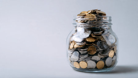 Bright and clean financial concept featuring aligned coins in front of a half-filled jar.の写真素材