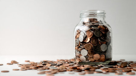 Minimalist financial setup featuring a tilted glass jar with a gentle scatter of coins on a bright...