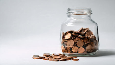 Soft-lit savings image featuring a jar and coins placed symmetrically for a simple modern look,...