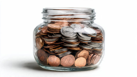 High-key minimalist scene with coins arranged simply around a jar placed slightly off-center,...