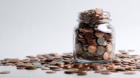 Financial clarity theme using a transparent jar and evenly layered coin stacks, commercial-safe.