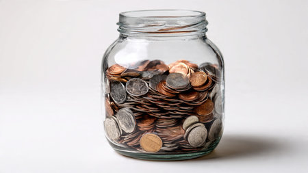 Modern budget visualization with a small glass jar containing mixed coins arranged symmetrically on...