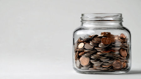 High-key savings shot featuring a half-filled jar and coins positioned asymmetrically but cleanly,...