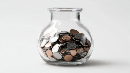 Simple wealth concept with a jar tipped slightly and coins resting beneath it, commercial-safe.