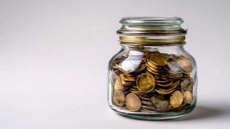 Elegant financial flat lay with a jar and coins positioned symmetrically under bright light,...