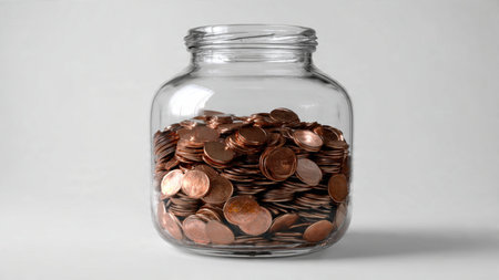 Soft minimalism featuring a jar on its side with coins spilling gently across a bright surface,...