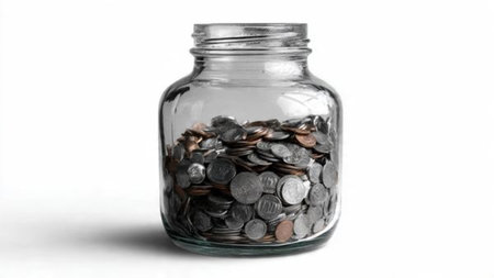 Elegant financial scene showing coins stacked neatly toward the right of an upright jar.
