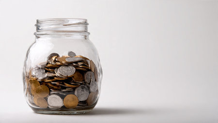 High-key minimalist setup featuring a jar tipped gently as coins spill outward in a soft curve.
