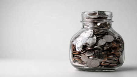 Elegant financial scene showing coins stacked neatly toward the right of an upright jar.