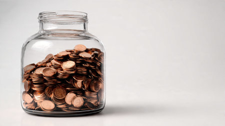 Modern wealth aesthetic showing a tipped jar forming a subtle coin trail, commercial-safe.