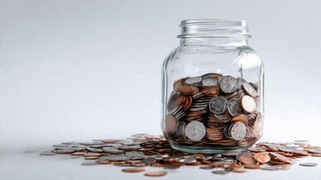 Professional economic planning motif showing coins flowing from a tipped glass jar in an organized...