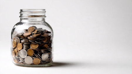 Minimal flat lay with coins arranged in two neat rows and a jar filled with coins standing behind them.の写真素材