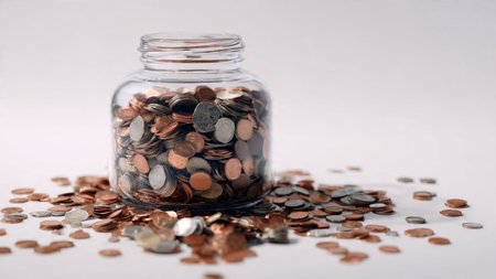 Clean financial theme with a jar and scattered coins forming a balanced composition, commercial-safe.の写真素材