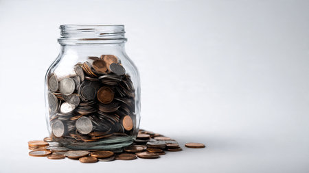 Elegant high-key layout with an empty jar standing beside four neatly aligned coins.