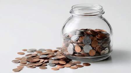 Light, bright scene showing a tipped jar and scattered coins representing budgeting.
