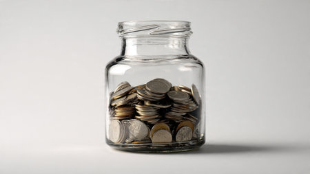 High-key savings arrangement with a tipped jar and coins arranged in a soft downward curve.
