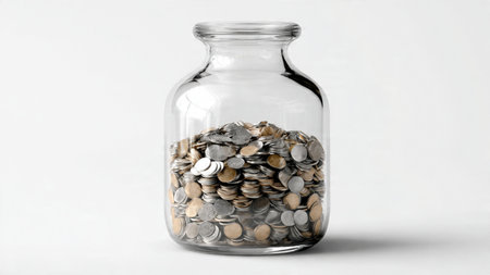 Bright economic representation with a transparent jar placed beside symmetrical coin stacks,...
