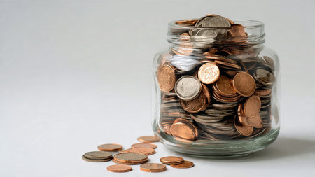 Elegant savings-themed image with a jar tipped and coins arranged softly beside it.