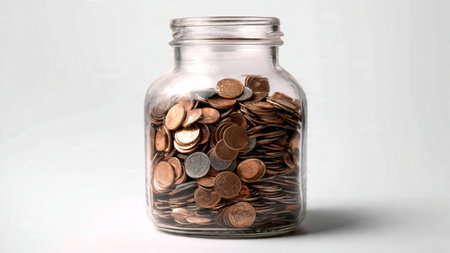 Simple modern financial shot with a jar positioned behind a set of stacked coins.