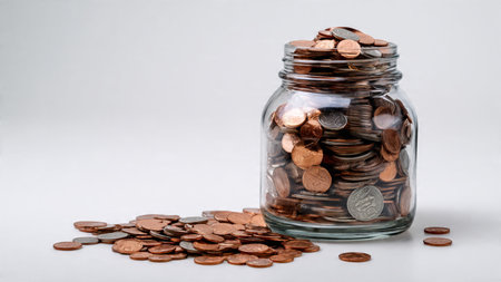 Minimal arrangement with polished coins and an empty jar forming a balanced frame.