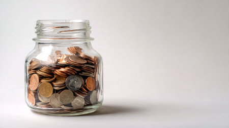 Soft lit financial visual with coins cascading gently from a jar laying sideways.