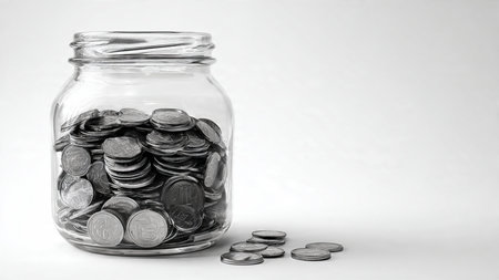 Soft, bright savings concept featuring polished coins arranged near a transparent jar on a pure white background, commercial-safe.の写真素材