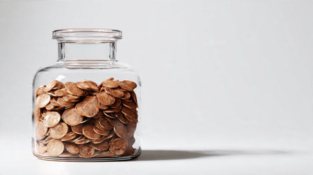 Professional money-saving flat lay with scattered coins and a transparent jar casting soft shadows,...