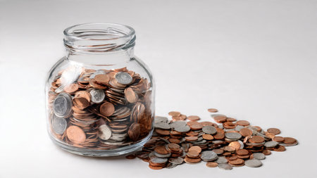 Modern financial composition with a tipped jar leaning gently on its side and coins beside it,...