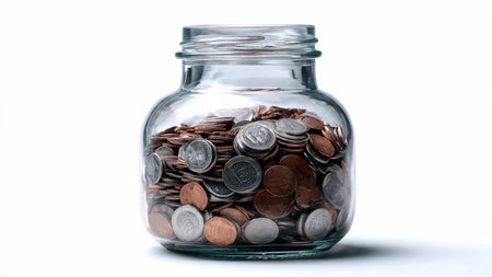 Elegant high-key image showing three coins beside a clear standing jar.