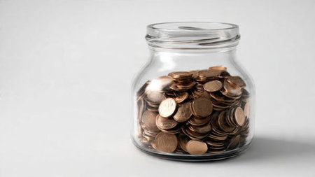 Modern financial look featuring a jar filled with coins, commercial-safe.