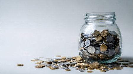 Elegant financial concept with a clear jar placed beside organized stacks of coins on a bright...