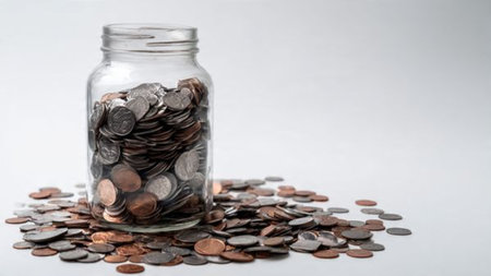Clear savings jar placed next to a symmetrical arrangement of coins under bright soft studio...