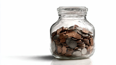 Professional concept scene showing a tipped jar with coins spilling in a soft arc pattern across a...
