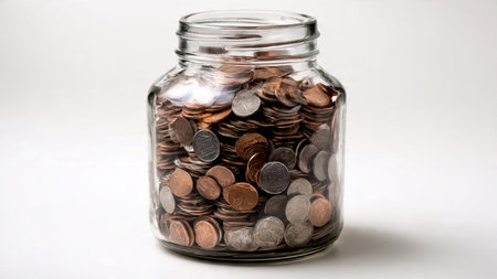 Elegant high-key wealth display featuring an upright jar next to precisely arranged coins.