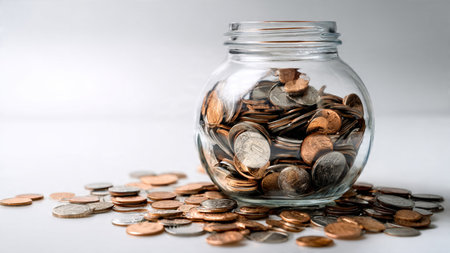 High-key budgeting representation showing a jar tipped and coins spread evenly outward,...