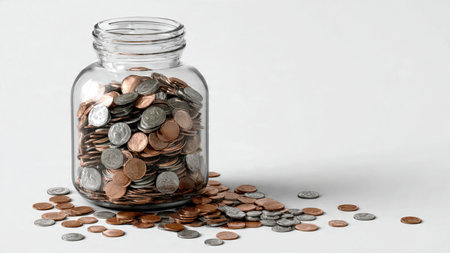 Elegant savings layout showing a half-filled jar and neatly aligned coins, commercial-safe.