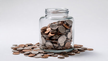 Soft savings lighting with an empty jar and coins aligned in a gentle geometric shape,...