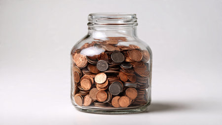Minimal flat lay showing a tipped jar with coins forming a flowing pattern across a white backdrop,...