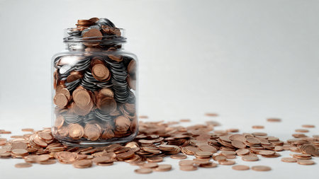Bright economic representation with a transparent jar placed beside symmetrical coin stacks,...