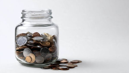 High-key saving aesthetic with a sparkling transparent jar positioned near organized coin stacks on...