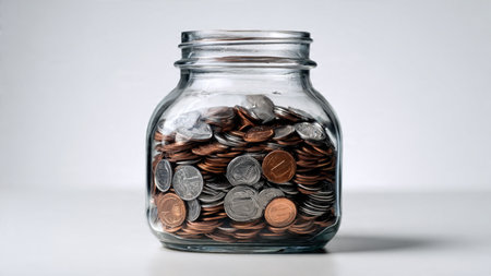 Modern minimal scene with tipped jar and coins scattering gently across a soft white surface, commercial-safe.の写真素材