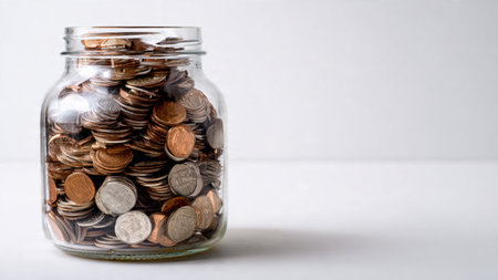 Simple wealth concept showing a few coins spilling from a tipped jar onto a bright background.