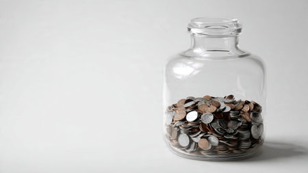 Elegant clean-budget scene featuring a jar centered behind a trio of polished coins.の写真素材