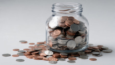 Professional minimal flat lay featuring a sleek jar and symmetrical coin layout on white,...